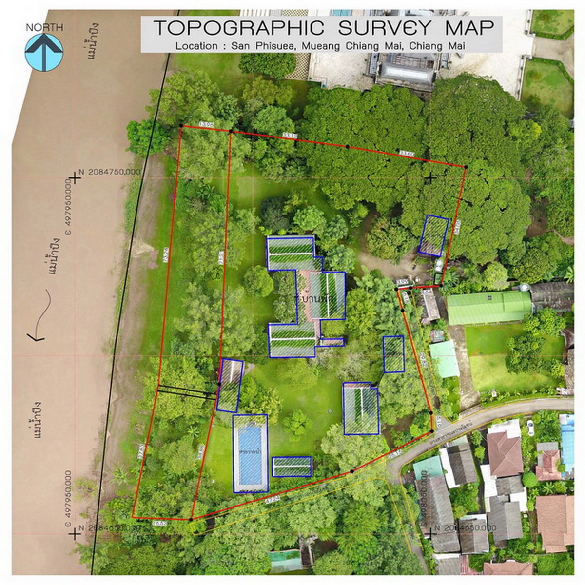 Topological map illustration of a private residence on the River Ping showing the size and position of eight buildings